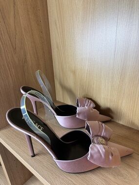 Versace Blush Pink Satin Bow Pointed Slingback Heels with Medusa
